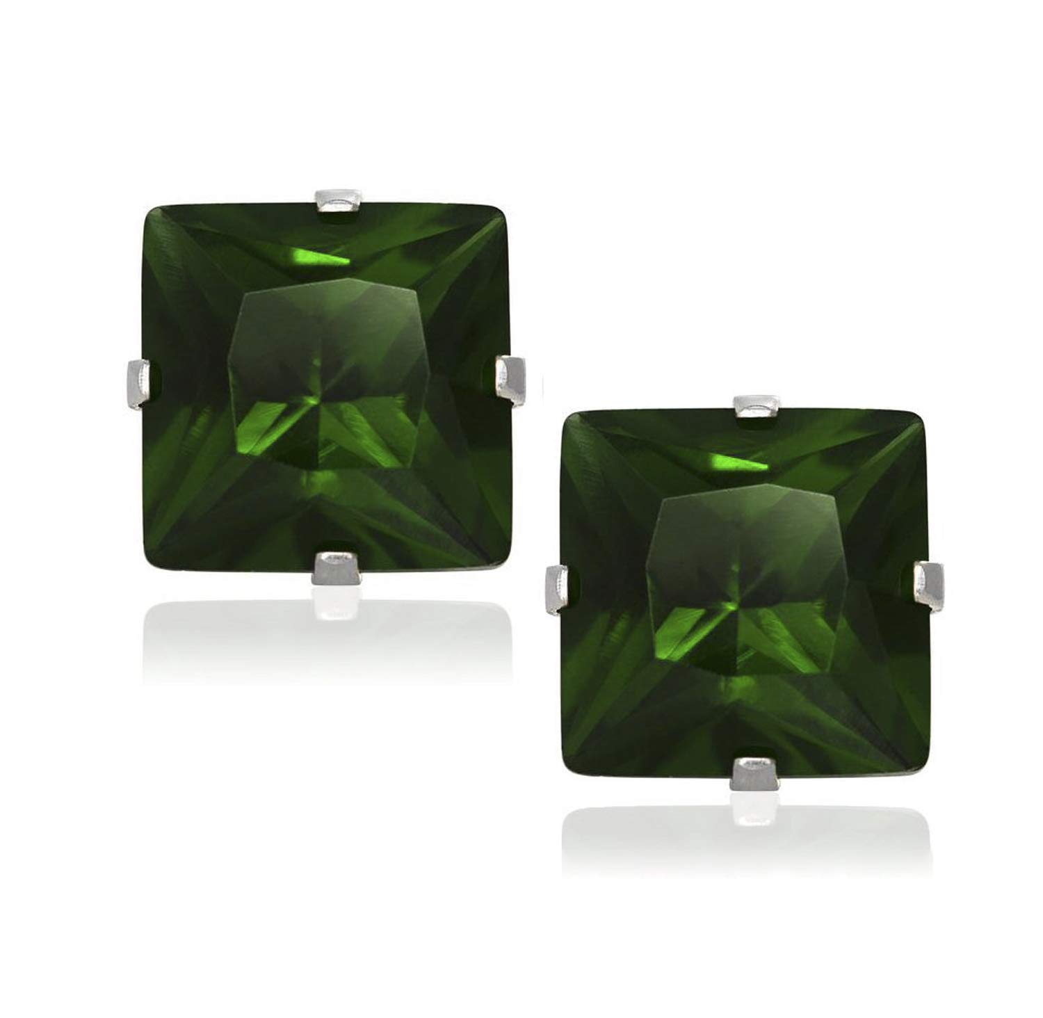 4MM Square Princess Cut CZ Birthstone Stud Earrings/Ear Studs for Women - 925 Sterling Silver - Emerald Green