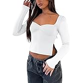 Balimtoy Womens Long Sleeve Going Out Crop Tops Cute Y2K Fall Shirts Sweetheart Neckline Bustier Top with Slit