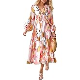 Sissyaki Women's 2024 Summer Long Sleeve Maxi Dress Casual V Neck Boho Beach Long Midi Dress Z#Multi Pink-Print Medium