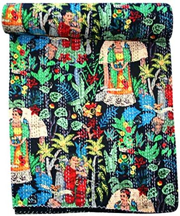 thehandicraftworld, Black Farida Kahlo Queen of Mexican Painter Paint Kantha Quilt Blanket Bedspread Throw