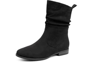 VJH confort Women's Mid Calf Boots, Almond Round Toe Low Heel Comfort Dress Slouchy Booties