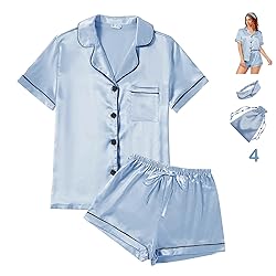 4Pcs Womens Satin Silky Pajama Sets Short Sleeve