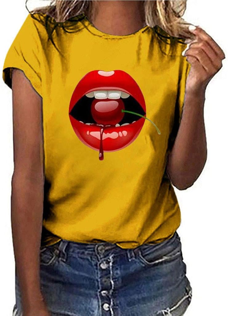 Women Girls Plus Size Lips Print Shirt Short Sleeve T Shirt Blouse Tops