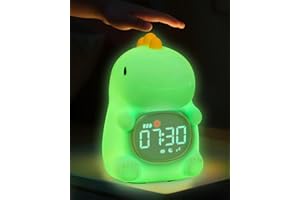 Dinosaurs Alarm Clock for Kids with Night Light, Sleep Training Clock Time to Wake Clock, Rechargeable Silicone Light for Bed