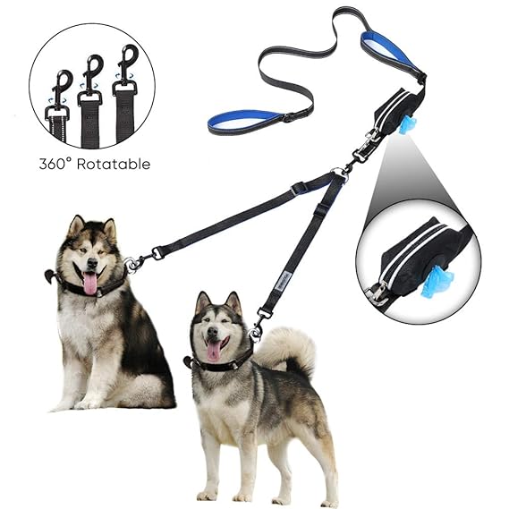 YOUTHINK Doppel-Hundeleine, Keine Verwicklung-Hundeleine 2 Hunde bis 180kg, bequem verstellbare, Zwei gepolsterte Griffe, Bon