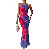 PRETTYGARDEN Womens Summer Dresses 2026 Elegant Spaghetti Straps Evening Gown Floral Print Bodycon Maxi Mesh Sundress