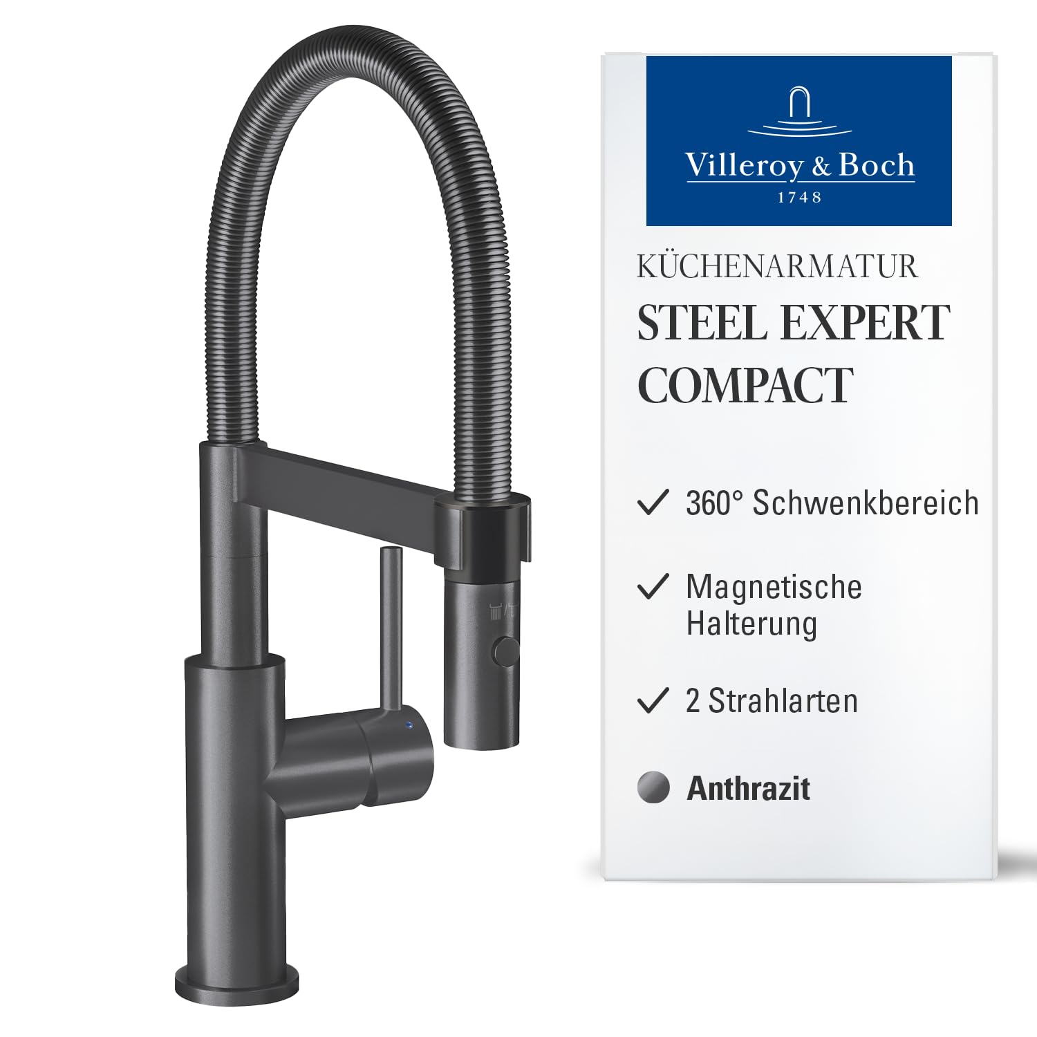Villeroy & Boch Steel Expert Compact Küchenarmatur, Hochdruck, Wasserhahn Küche mit Umschaltfunktion und schwenkbarem Auslauf, Spültischarmatur wassersparend, Auslauf Höhe 143mm, Anthracite