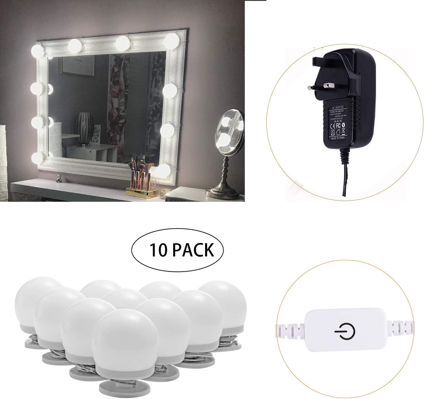Upgraded Hollywood Style LED Vanity Mirror Lights Kit, Dimmable Vanity Lighting Fixture Plug in 4000K Nature White, DIY Mirror Lights Stick on Strip Decoration for Makeup Dressing Table(10 Bulbs)