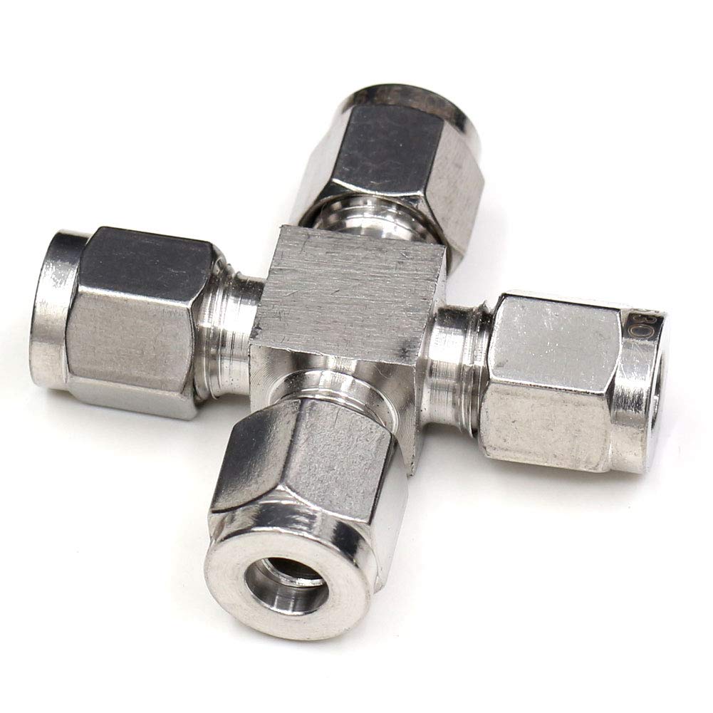 1/4 OD Tube Fitting, CEKER Cross Air Fittings Coupling 4 Way Push Connect Pneumatic Fittings 304 Stainless Steel Air Line Hose Fitting Air Compressor Accessories with Ferrules 1Pack