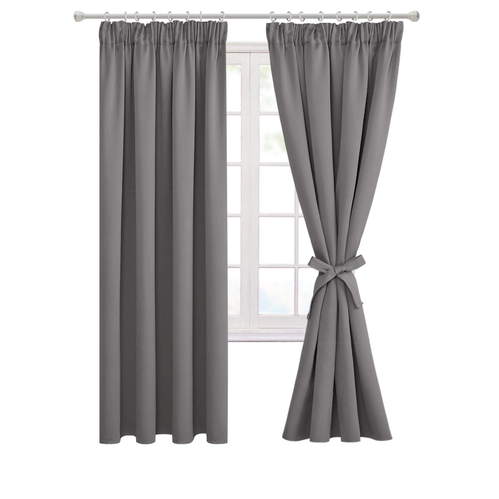 Hiasan Pencil Pleat Blackout Thermal Insulated Curtains, Bedroom and Living Room with Tiebacks, Energy Saving and Noise Reducing, 2 Panels, 46 x 72 Inch, Grey
