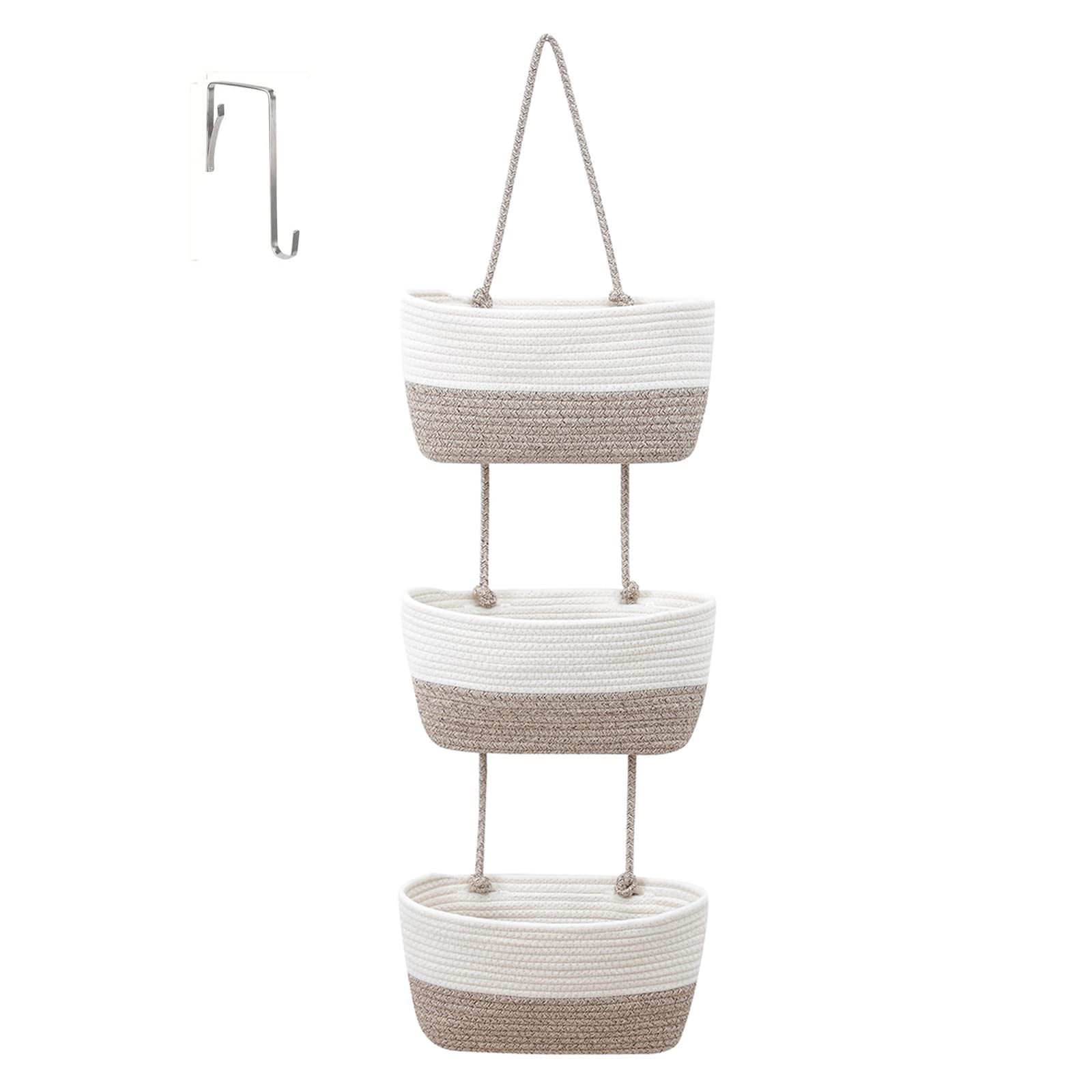 maxant 3-Tier Over the Door Hanging Basket, Wall Mount Storage Organiser Bag, Cotton Rope Woven Solution with Hook, Decorative Baskets for Bedroom, Living Room, Bathroom, Nursery (D) (UD0335)