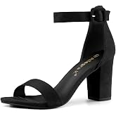 Allegra K Women's Open Toe Chunky High Heel Buckle Ankle Strap Sandals | 3 3/8 inches Heels with Faux Suede, Comfortable Block Heels Sandal for Women, Summer Dressy Shoes