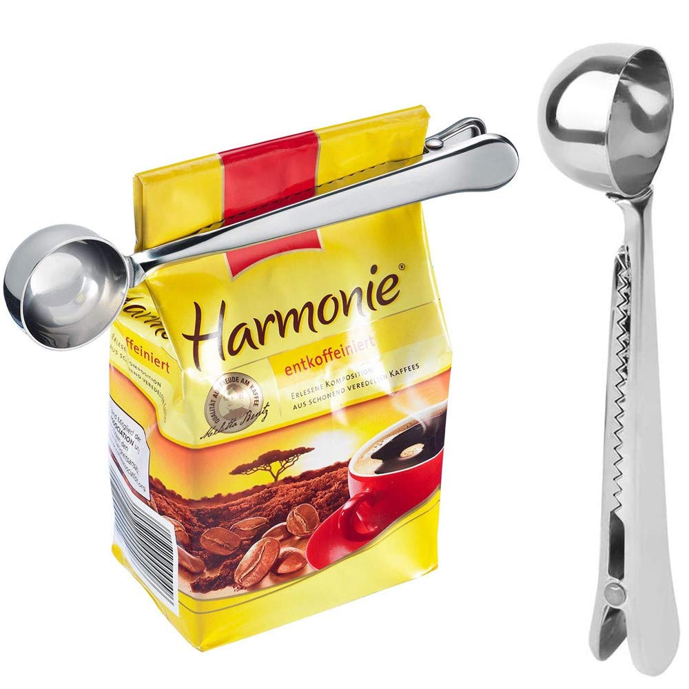 Coffee Scoop with Bag Sealing Clip, 2 in 1 Stainless Steel Measuring Spoon Multifunction for Kitchen Ground Coffee, Coffee Beans, Loose Tea, Spices