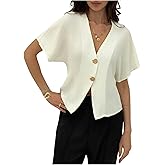 GORGLITTER Women's Dolman Short Sleeve Button Up Shirt Blouses Dressy Casual V Neck Office Business Casual Work Tops