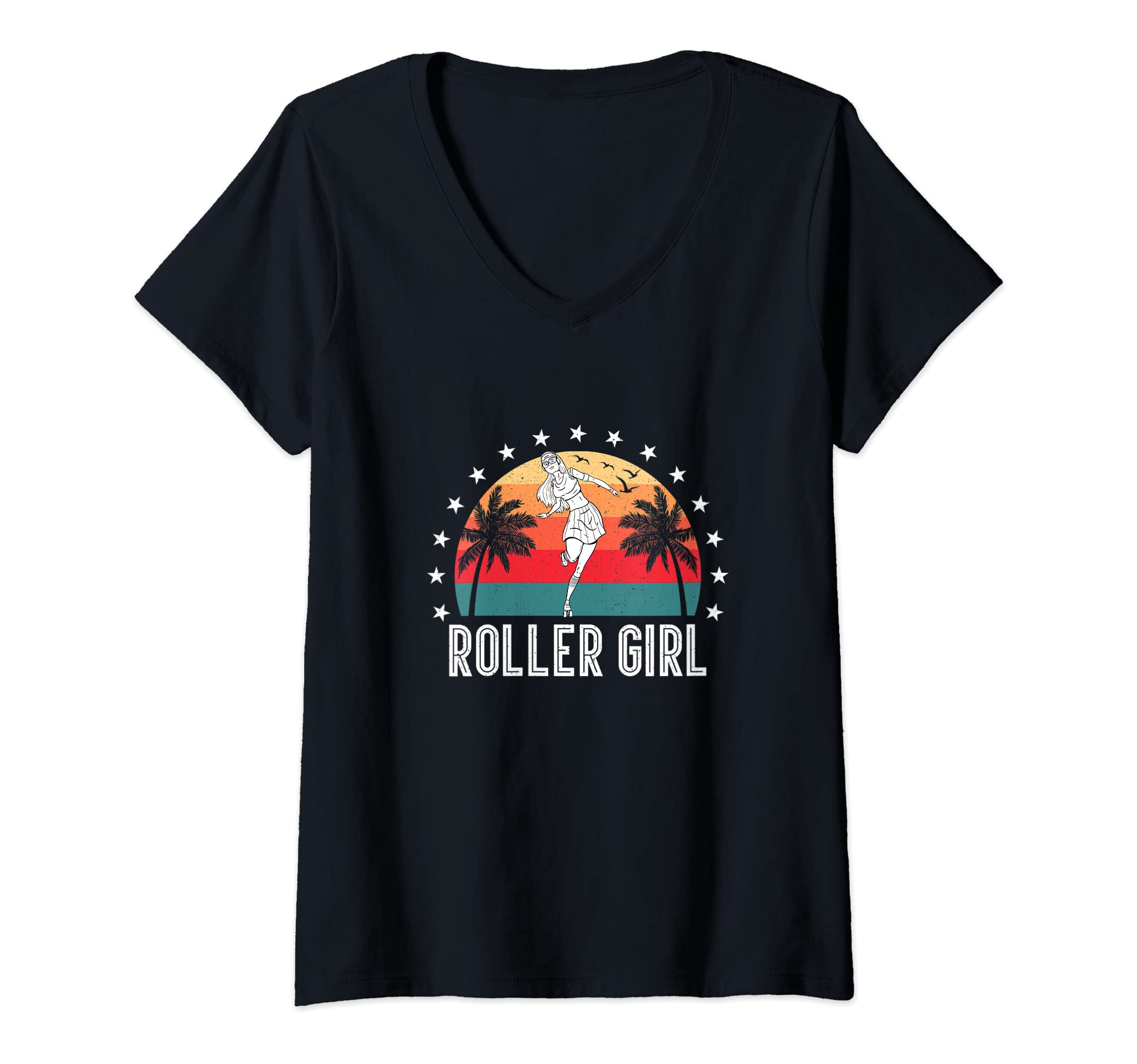 Womens Roller Girl Skater Skating Retro Vintage Skates V-Neck T-Shirt