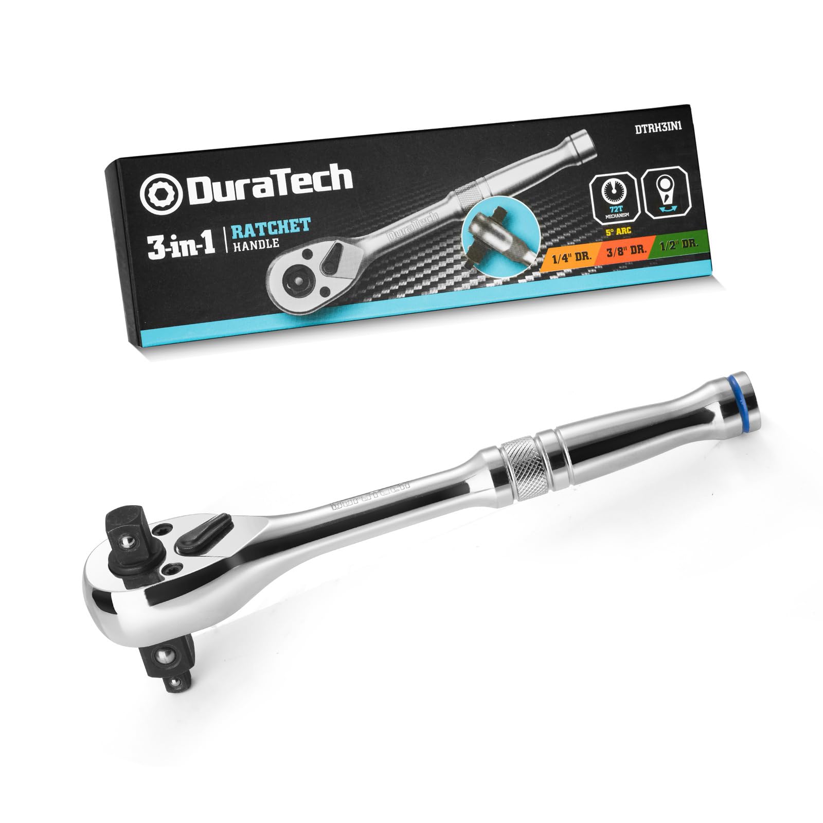 DURATECH 3-IN-1 Umschaltknarre, 1/4", 3/8", 1/2" Ratschengriff, umkehrbarer Ratschenschlüssel aus Legierungsstahl, 72-Zahn Steckschlüssel für Auto-Reparatur