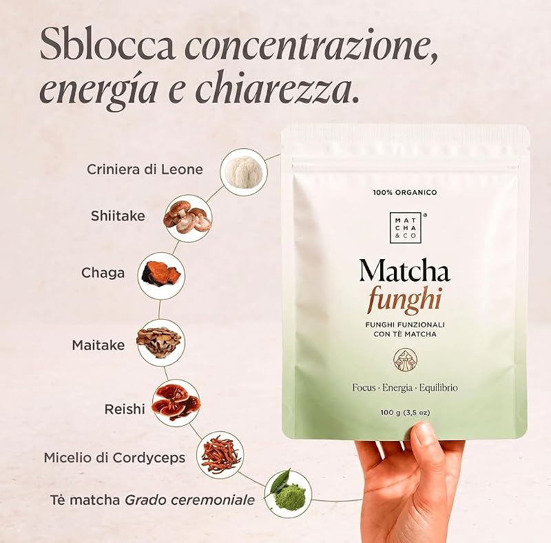 - Matcha Mushrooms Bio (100g) – Tè Matcha Cerimoniale del Giappone con 6 Funghi Funzionali (Criniera di Leone, Reishi, Chaga, Cordyceps, Shiitake, Maitake) – Focus · Energy · Balance