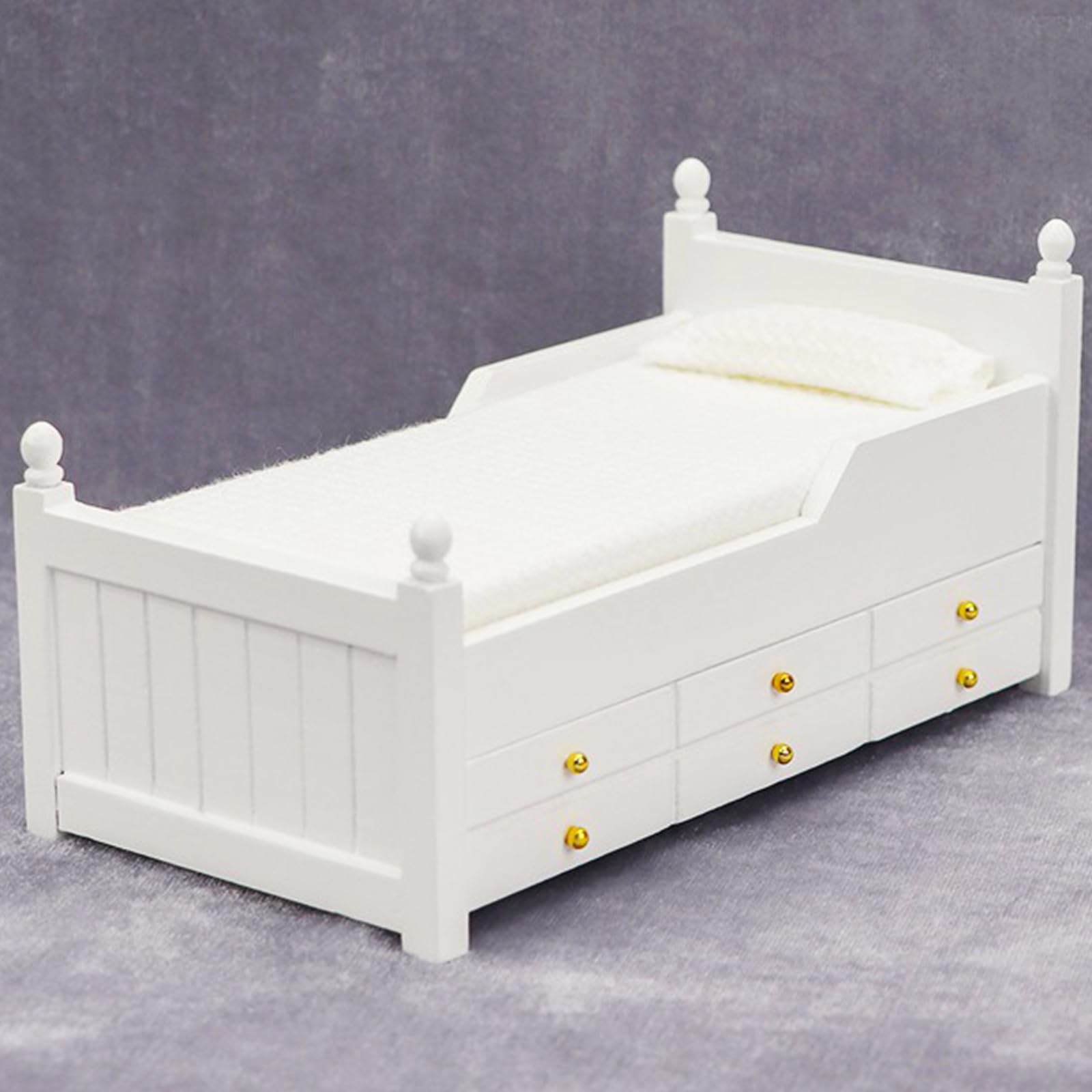 Photo 1 of 1:12 Scale Dollhouse Bed, Wooden Doll House Accessories and Furniture, Dollhouse Miniature Bed with Drawer, Modern Dollhouse Bedroom Decor for Boys and Girls, White