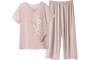 breaise Cotton Linen Pajama for Women Summer Casual 2 Piece Sets Plus Size O Neck Short Sleeve Tops with Lightweight Pants