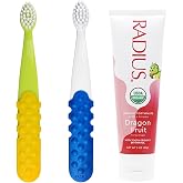 Radius Toddler Toothbrush and Toothpaste Bundle for Kids, 2 Pack Totz Plus Silky Soft Brush in White/Sapphire Blue and Green/Yellow and 1 Count Dragon Fruit Toothpaste, for Children 18 Months and Up
