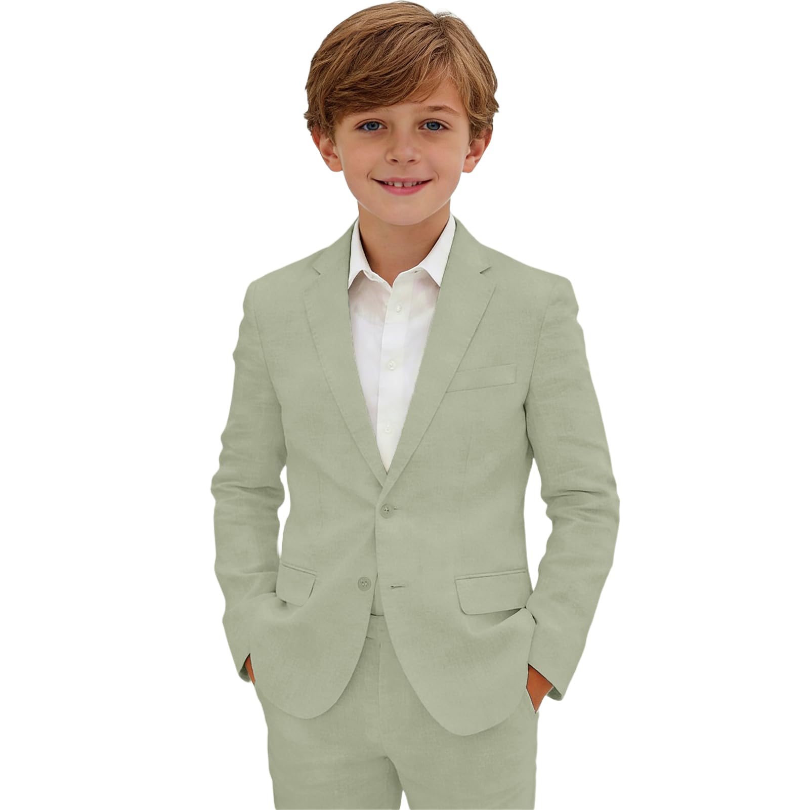 Photo 1 of Boys Linen Suits for Kids Formal Suit Set Slim Fit Beach Wedding Summer Outfit for Toddler Teens Light Green Suit for Boys Size 8