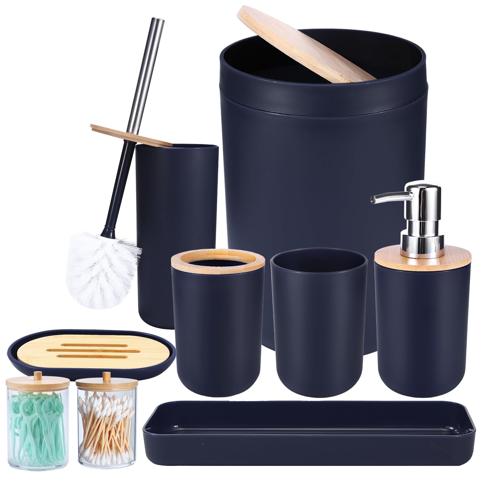 iMucci 8Pcs Navy Blue Bathroom Accessories Set - with Trash Can Toothbrush Holder Soap Dispenser Soap and Lotion Set Tumbler Cup (IZ0124)