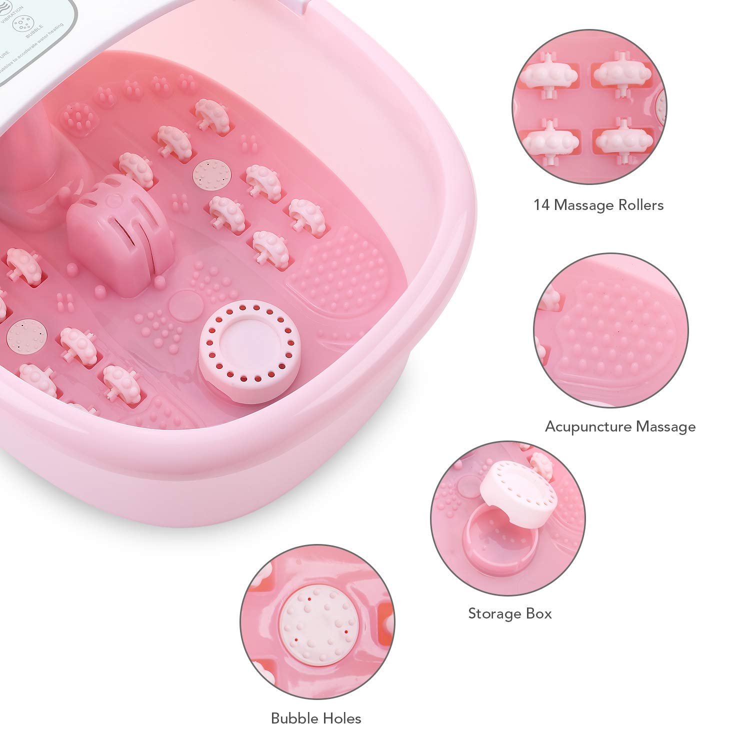 Foot Spa Bath Massager with Heat Bubbles Vibration and 14 Massage Rollers to Soothe Tired Feet Pressure, Pain with Adjustable Temperature Pedicure Soaking Tub for Home Office Use - Pink: Beauty