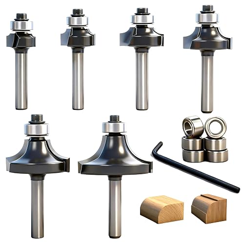 SICWOOD 6PCS Roundover Router Bit Set with 6 Extra 3/8" Guide Bearings ...