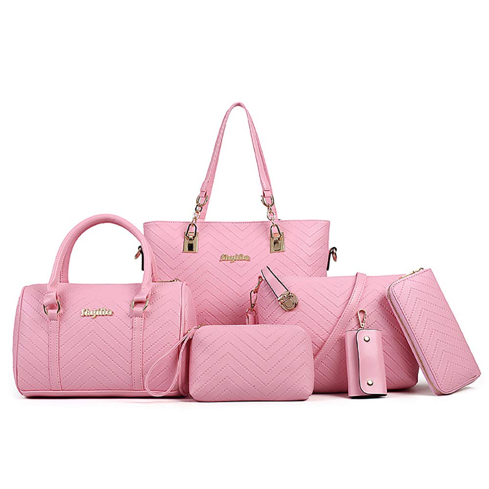 AlwaySky Women Handbags Set 6 Pcs PU Leather Top Handle Purse Shoulder Bag Purse Wallet Crossbody Bag Set, Pink