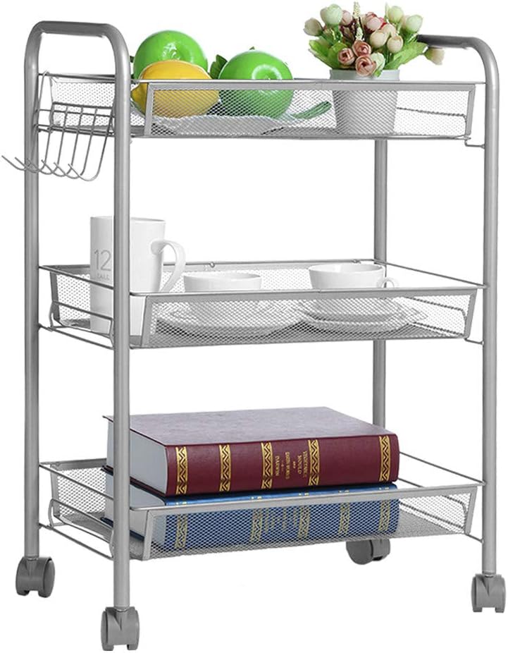 Buolo-Ship from USA 3-Tier Rolling Basket Stand Three Tier Storage Cart Shelves with Wheel Full Metal Rolling Trolley for Kitchen & Bathroom Office Supplies (Silver)