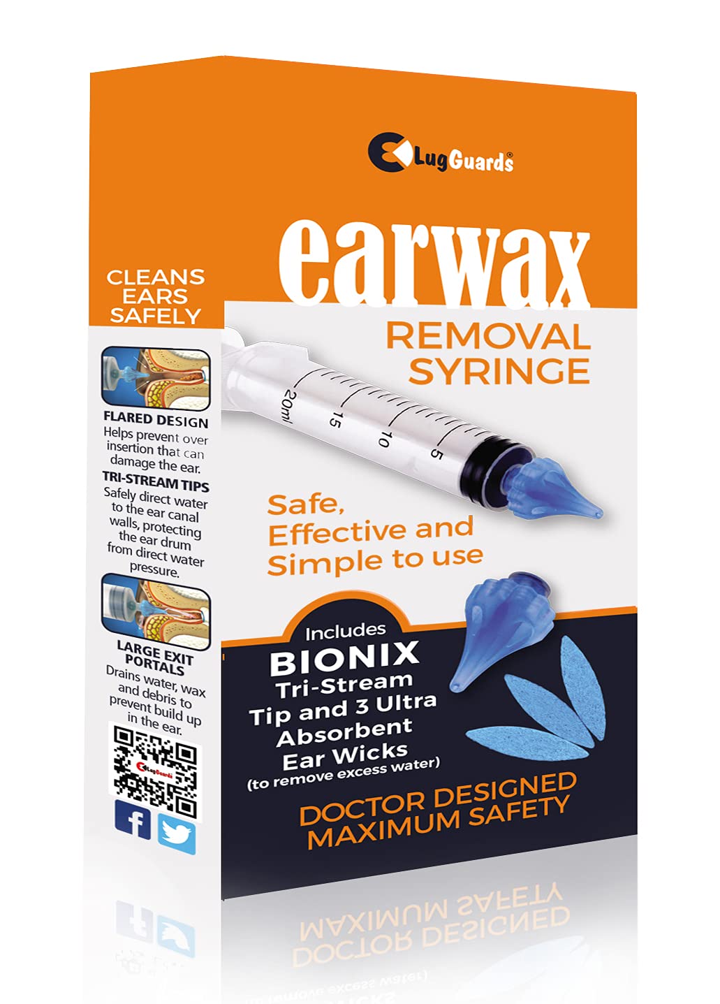 LUGGUARDS® 20ml Tri-Stream Ear Wax Remover (Removal) Syringe, Doctor Designed, Anti-Bacterial & CE & MHRA Certified + 3 Ultra Absorbant Ear Wicks to Remove Excess Water After Treatment.