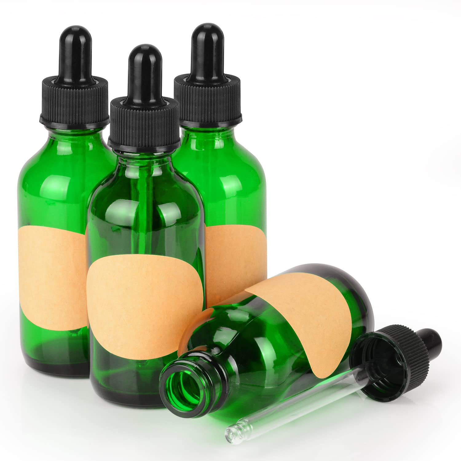 stonylab 4-Pack Glass Dropper Bottle, Empty Bottle with Glass Dropper, Inner Plug and Label for Laboratory Solutions (60 ml, Green)