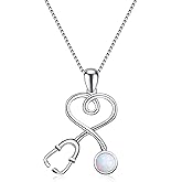AOBOCO Stethoscope Necklace 925 Sterling Silver Embellished with 12 Months Birthstone Crystals from Austria, Graduation Gifts Medical Jewelry for Doctor Nurse Medical Student RN