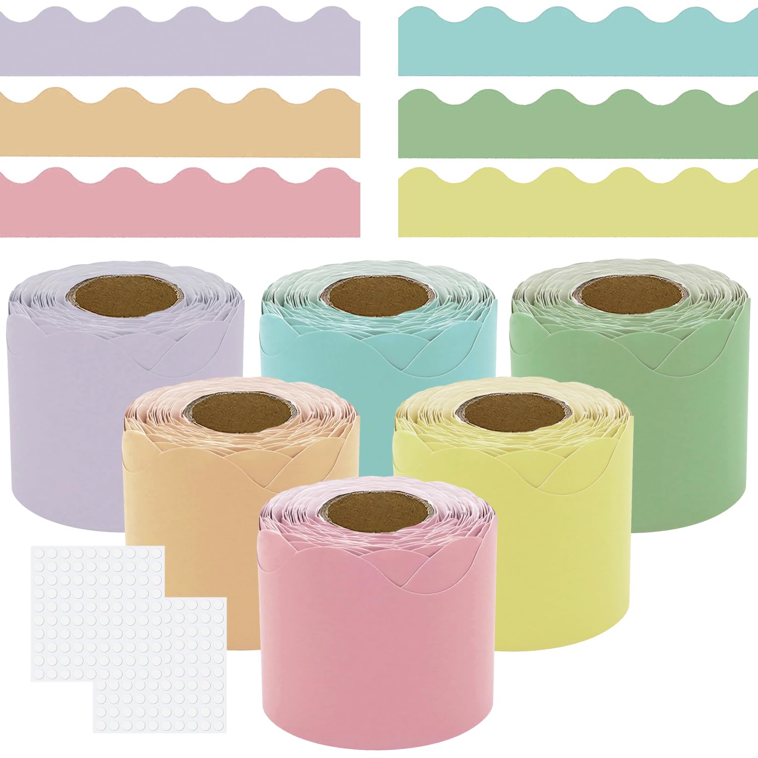Acidea 196.8 ft Colorful Classroom Borders for Bulletin Board, 6 Rolls Pastel Scalloped Bulletin Board Border, Trim Bulletin Boards for Classroom Decor, Macaroon Color