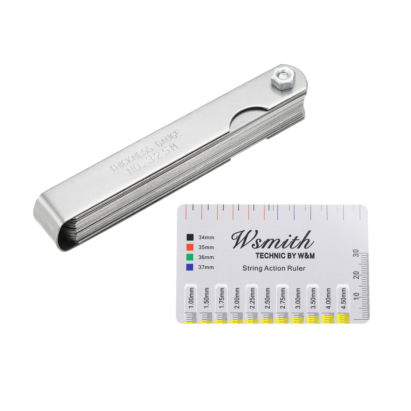 PATIKIL Feeler Gauge Dual Marked Measuring Tool 32 Blades Stainless Steel Silver and Gold String Action Ruler for Guitar Player