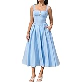 KUTUMAI Women Summer Lace Square Neck Midi Dress Corset Smocked Flowy A Line Beach Wedding Guest Dresses with Pockets
