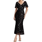 Ever-Pretty Women's Maxi Formal Evening Gowns V-Neck Tulle Sequin Dresses Bodycon Gorgeous Mother of Bride Dress 02370