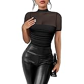 Kentysill Women's Mesh Sexy Mock TurtleNeck Bodysuits Short Sleeve Shirt Ruched Sheer Body suit Summer Trendy Going Out Tops