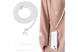 Turkalla Phone Chain Crossbody Pearl Strap, Pearl Beaded Chain Shoulder Crossbody Lanyard with Phone Tether Patches Compatible with Most Phones Bag Purse