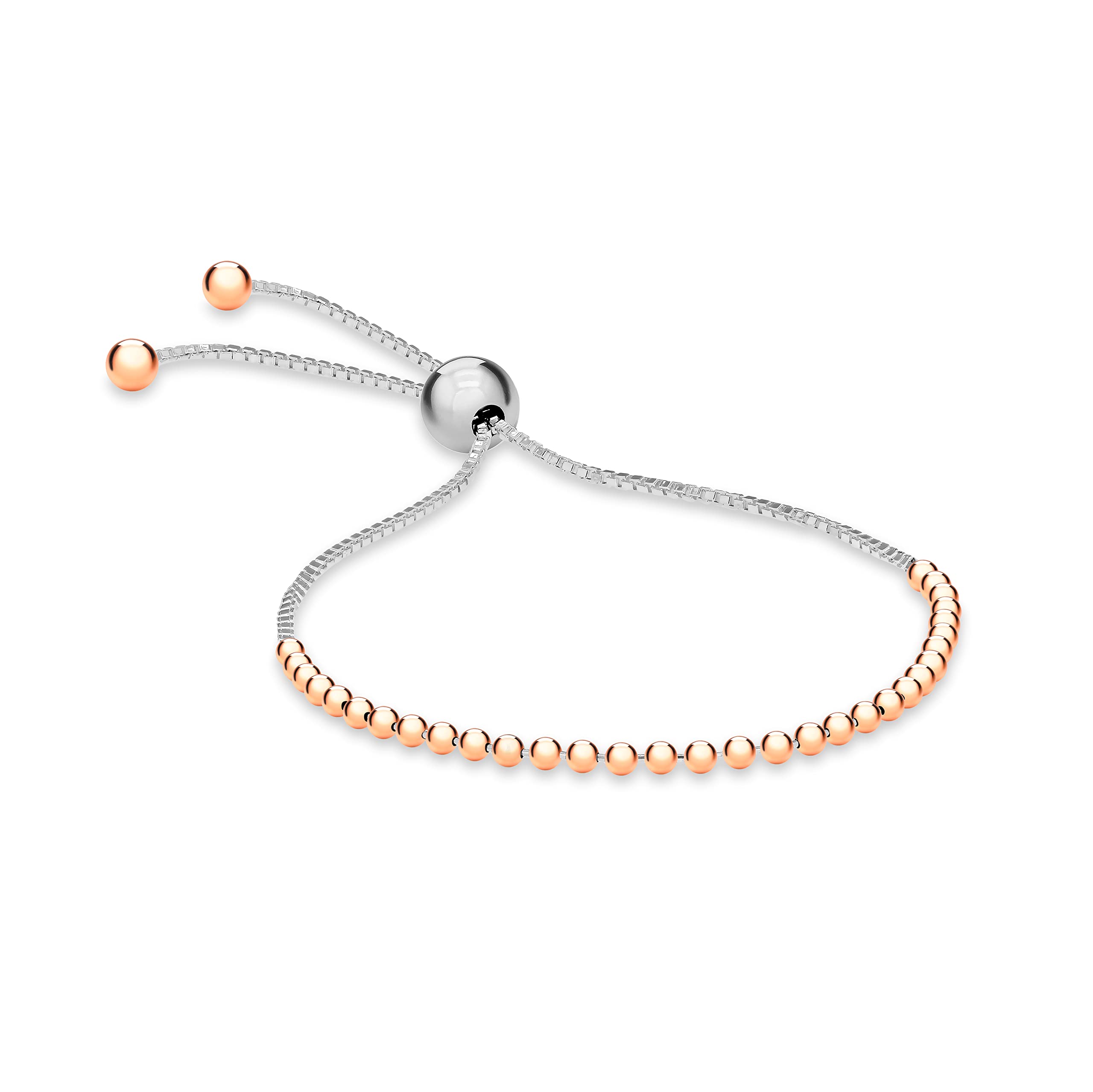 Tuscany Silver Women's Sterling Silver Rose Gold Plated Beaded Adjustable Slider Bracelet 23 cm/9 inch