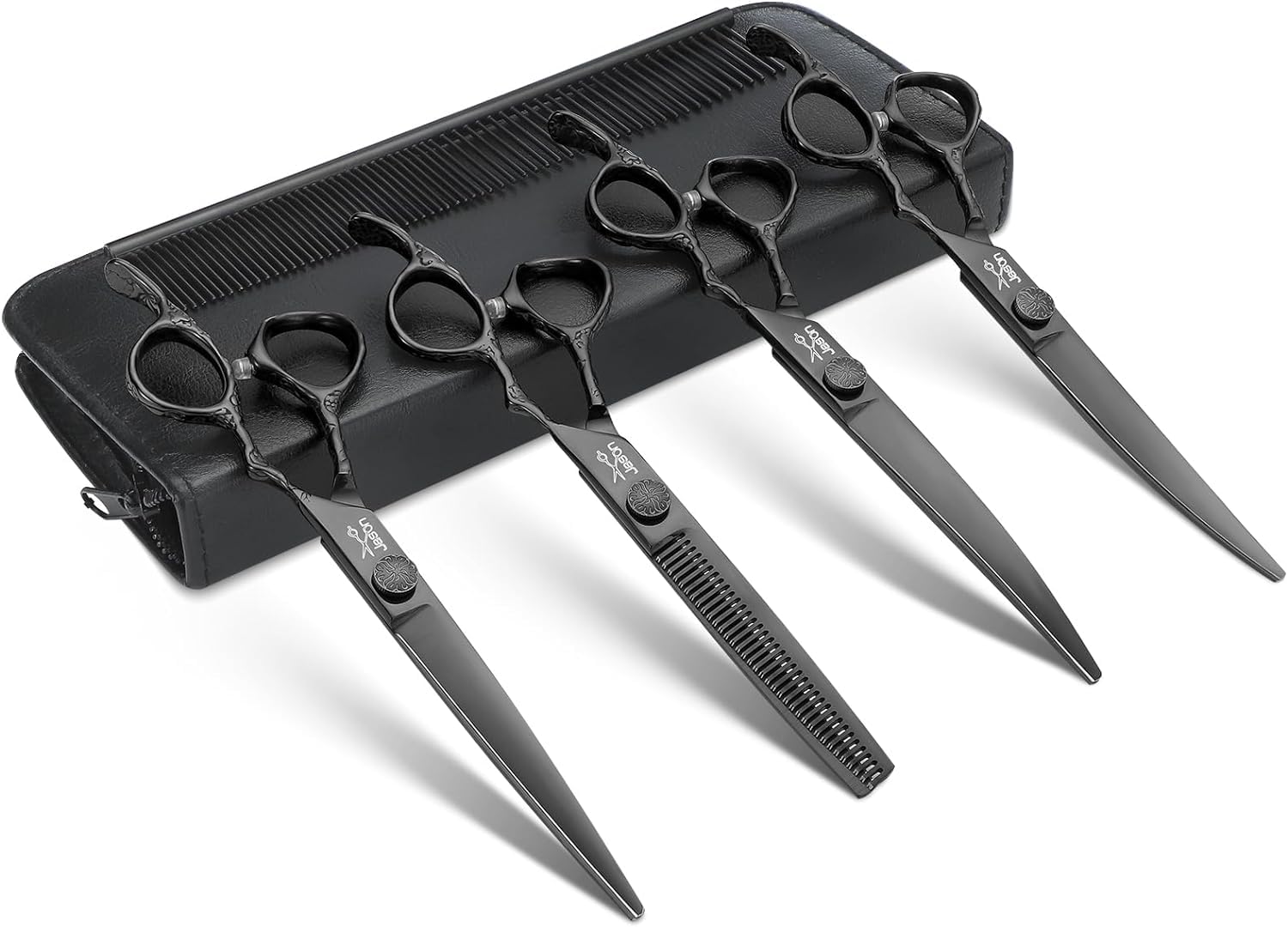 JASON Professional Dog Grooming Scissors Set - 6 in 1 Dog Shears Kit with 6.5" Thinning, 7" Straight, 7" Up-Curved, 7" Down-Curved Shears and Comb for Cat, Pet with Adjustable Screw (Black)