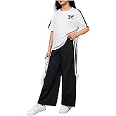 Verdusa Girl's 2 Piece Outfits Bow Striped Tracksuits Basic T Shirts with Wide Leg Pants Clothing Sets