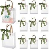 NBEADS 24 Pcs Clear Plastic Gift Bags with Handles, 9.2x5.1x2.8inch Frosted Gift Bags with Olive Drab Ribbon Party Favor Bags Reusable Clear White Bag for Wedding Shower, Hotel Guests