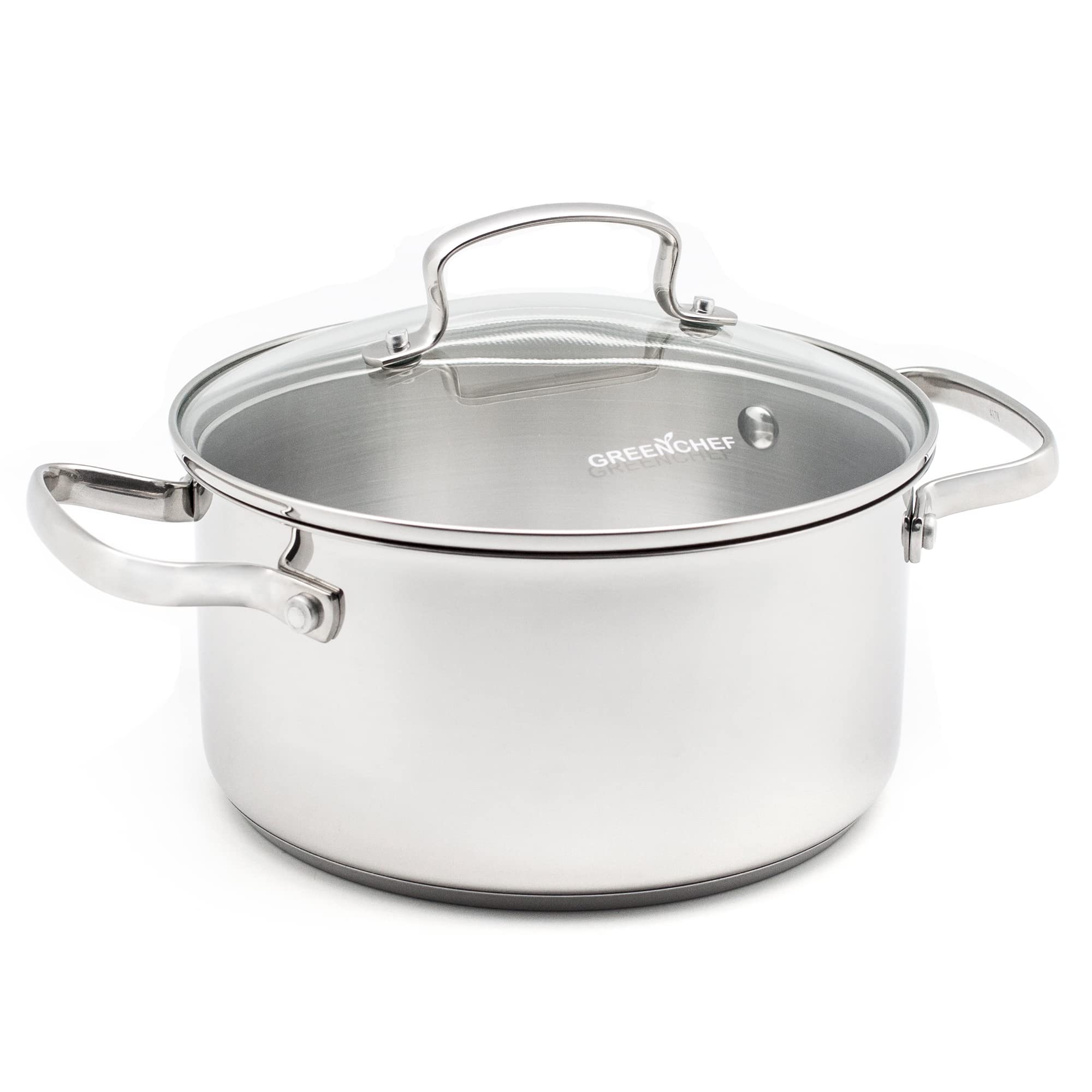 GreenChef Profile Plus Healthy Ceramic Non-Stick Stainless Steel 18cm/2.1 Litre Casserole Dish with Tempered Glass Lid, PFAS Free, Induction, Heavy-Duty, Oven safe up to 200˚C, Silver