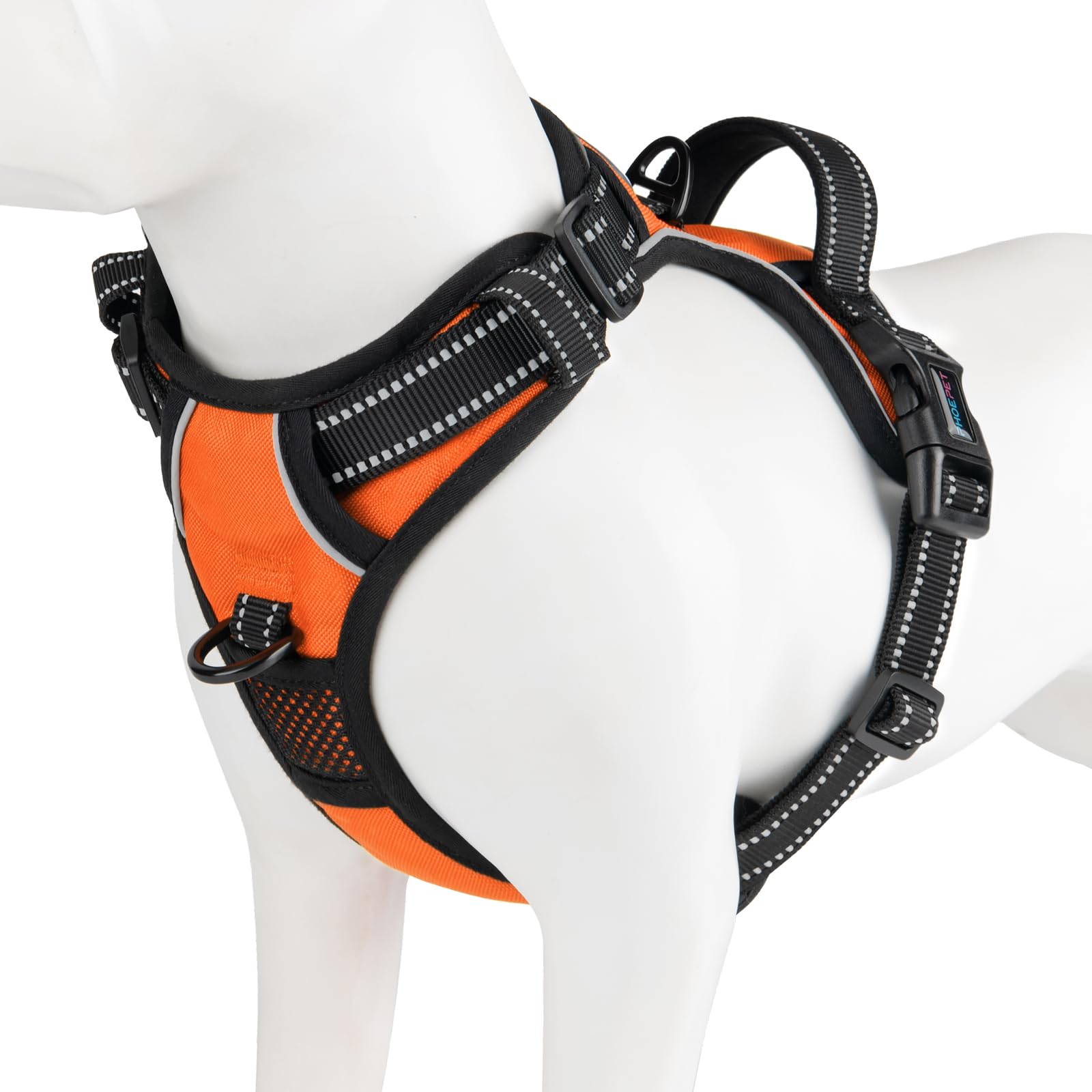 PHOEPET Reflective Dog Harness No Pull Large Breed Vest with 2 Metal Leash Attachment Hooks(XL, Orange)