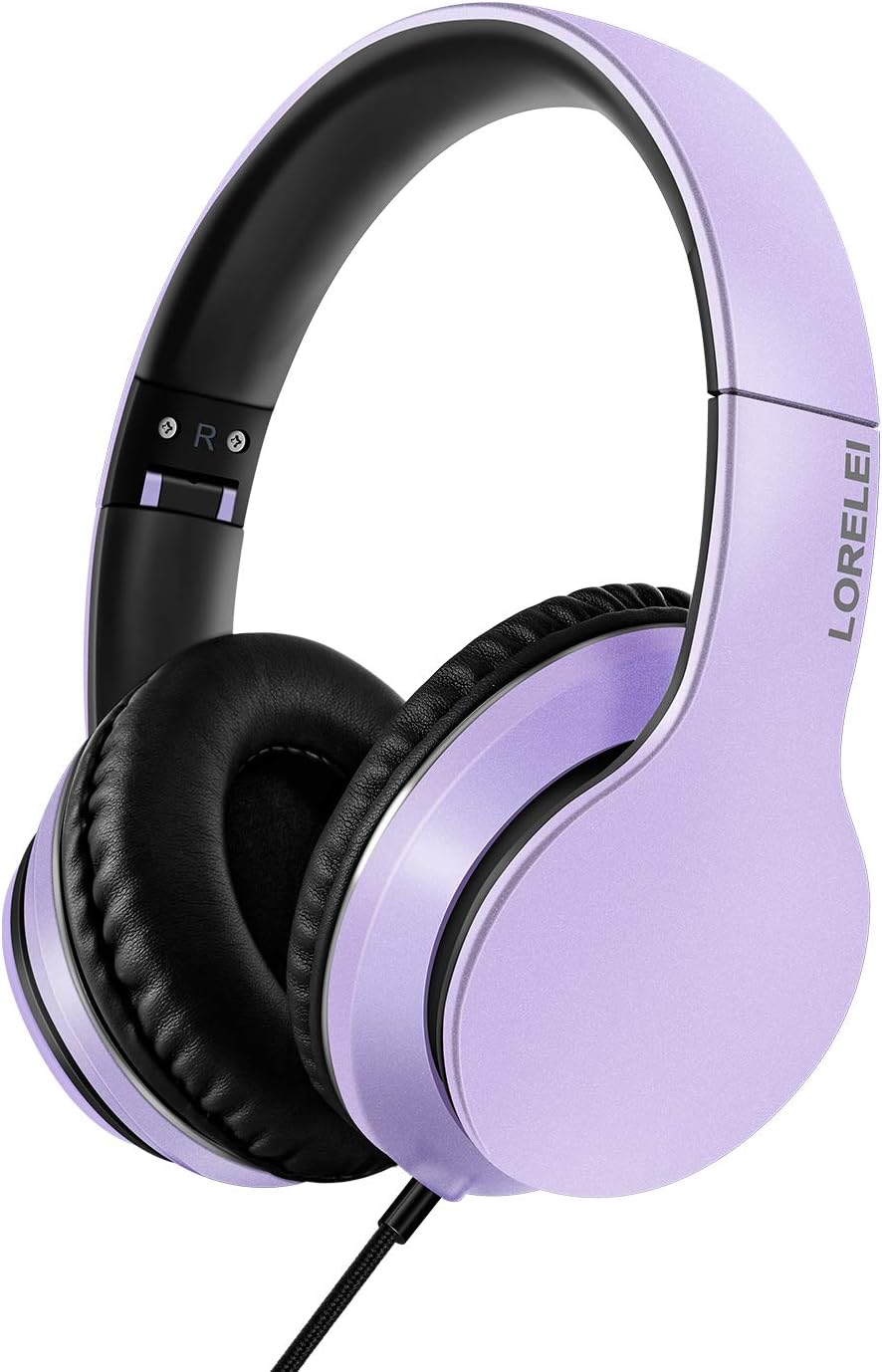 LORELEI X6 Over-Ear Headphones with Microphone, Lightweight Foldable & Portable Stereo Bass Headphones with 1.45M No-Tangle,Wired Headphones for Smartphone Tablet MP3 / 4 (Purple-Black): Home Audio & Theater