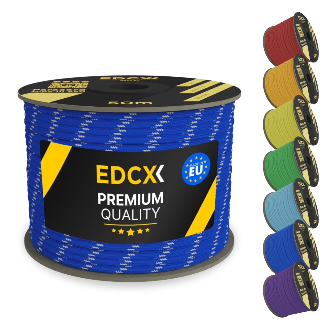 EDCX 4mm Nylon Paracord 550 50m (165 feet) | Ideal for Camping, Survival, Outdoor, Crafting, DIY | 100% Nylon Rope 4mm | Paracord 550 Type III in Solid Color (Reflective Blue, 50 m)
