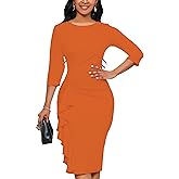 Yajedo Church Dresses for Women 3/4 Sleeve Bodycon Ruffle Vintage Wear to Work Pencil Midi Dress