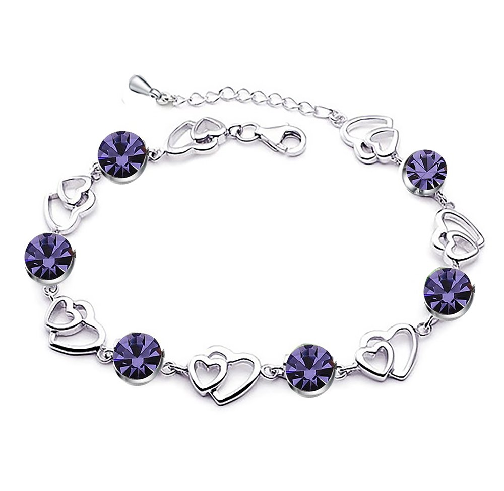 findout Heart Real 18k White Gold Platinum Plating Silver Amethyst red Yellow Blue Birthday Stone Crystal Heart Bracelet,for Women Girls.(1815) (Purple)