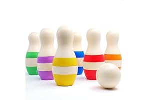 Shumee Wooden Bowling Pins Set for Kids|Stripe Pattern|3 Years+|Child Safe & Non Toxic|6 pins & 1 Ball| Suitable for Indoor & Outdoor Sports Games|for Toddlers,Preschoolers & Children|Gifting